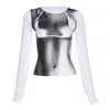 T-shirt da donna Estetica Body Print T-shirt a maniche lunghe da donna 2023 Y2K Hipster Street Distintivo girocollo 3D Slim Tops Abbigliamento