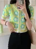 Femmes tricots t-shirts coréen Chic doux vert fleurs petit parfum pull haut court femmes 2023 été doux Style tricoté Cardigan Pull F