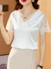 Damesblouses mode elegant satijnen kanten blouse zomer borduurwerk m-4xl korte mouwen tops stiksel dameskleding shirt 19128