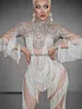 Stadiumkleding Lange Mouwen Wit Afdrukken Kwastje Sexy Naakt Jumpsuits Voor Vrouwen Drag Queen Feest Cloing Podiumzanger Kom Paaldans Wearephemeralew