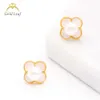 Popular Brands Moissanite Diamond Four-Leaf Clover Designer Fashion Gold Pearl Stud Earring Women