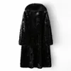 Manteau Long en fourrure de vison pour femme, veste d'hiver noire, pardessus doux et chaud, col en fourrure de luxe, vêtements d'extérieur