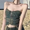 Tanks Ins Amerikaanse Retro Cowboy Hot Meisje Rits Tube Top Vest Vrouwen 2022 Zomer Strapless Sexy Bovenkleding Jarretel top