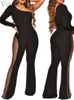 Womens Jumpsuits Rompers Women One Shoulder Mesh Rhinestone Long Sleeve Skinny Flare Jumpsuit 231129