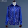 Men's Casual Shirts Red Silk Satin Men Shirt Sequin Wedding Party Men Dress Shirt Disco Stage Dancer Men Long Sleeve Fashion Patchwork Shirts Mens 231130