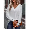 القمصان النسائية تي شيرت أنيقة للنساء تتصدر الأكمام الطويلة v-neck زر الزر قميص الخريف و winte الصلبة الفتاة الفتاة القاع أسفل tshirts