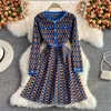 Casual Dresses 2023 New Glittering Round Neck Single Breasted Long-sleeved Ladies Elegant Knitted Jacquard Above Knee A-line Dress