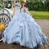 Bleu clair chérie appliques dentelle volants robe de bal hors de l'épaule robes de Quinceanera perles tulle corset robes de 15 ans