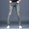 Herren-Jeans, lässige, dünne Herren-Cowboy-Hose mit elastischem Aufdruck für Männer, konische Grafik, gewaschene Original-Baumwoll-Stretch-Denim-Hose, S