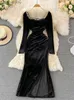 Basic Casual Dresses EWQ Elegant Chic Women's Dress Split s Velvet Long-sle Solid Color High Waist Dresses Autumn Winter 2023 New 27SN4345L231130