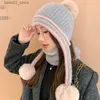 Gorro/bonés de caveira novo outono e inverno acolchoado proteção de orelha de malha chapéu de lã moda feminina bola pendurada pescoço quente conjunto nordeste bonés de esqui Q231130