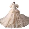 luxury Champagne Flower Girl Dresses 2024 3D Floral Appliques Sparkly Sequined Beaded KidsBirthday Pageant First Communion Gown