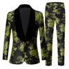 メンズスーツ2023最新のコートパンツスリムフィットパーティーウェディングマンのための緑のイエロージャクアードショールラペルグルームタキシードコスチューム