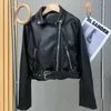 Spring Autumn Black Washed Leather Croped Coat Women Fashion Belted Zipper Slim Short Faux Pu Jacket