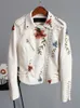 여성 가죽 가짜 꽃 프린트 자수 소프트 재킷 PU 오토바이 검은 펑크 여성용 231129