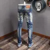 Jeans masculinos masculinos de rua retro moda azul trecho slim fit rasgado punk calças camufladas bolsões de designer calças de jeans de hip hop