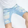 Calça jeans masculina curta rasgada na altura do joelho com buracos na cintura média casual fashional branqueada shorts retos