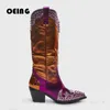 Boots Women Multicolor Western Cowboy Boots Crystal- Empelled Patchwork Knee High Boots Female Pointy Toe Block Heels Slip-On Botas 231129