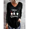 T-shirts pour femmes Vêtements 2023 Mode Casual Drôle Mignon Dessin animé Imprimer T-shirts de Noël Femme Y2K Col en V À Manches Longues Tunique Lâche Tops