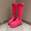 Stövlar kvinnor Högt flygstickade elastiska stövlar Autumn Slip på Chunky Platform Ankle Boots Woman Fashion Pink Thick Thick Bottor 2024 231129