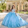 Pink Shiny Princess Quinceanera Dresses 3D Flower Applique spetspärlor Lace-up Corset Cinderella Prom Birthday Sweet 16 Dress