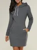 Autumn and Winter Ladies Knee-Length Dress Hooded Warm Sweatshirt Long Sleeve Camp Collar Pocket Simple Casual Sports