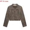 Womens Leather Faux Suede Bomber Jacket Vintage Brown Coat Chic Zipper Short Outfit Woman Streetwear 231129