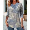 T-shirt da donna Abbigliamento Autunno Inverno Stampa vintage Bottone patchwork T-shirt eleganti Donna Casual Scollo a V Manica lunga Tunica allentata