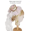 Stingy Brim Hats Japanese Lolita Vintage Round Top Hat Ruffled Lace Bow Pearl Pendant Tea Party Bonnet Hair Clip Royal Style Anime Kawaii