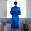 Mäns Robes Chinese Men's Navy Blue Satin Robe With Belt Kimono Bathrobe Gown Nightlowns Sleepwear Home Leisure Pyjamas S M L XL XXL 20701 L231130