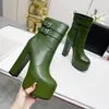 Bottines à plateforme à bout rond, bottines à talons hauts de 14,5 cm, boucle ornée, fermeture à glissière en cuir véritable, grosse botte de luxe de styliste pour femmes, chaussures d'usine