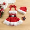 Flickor klänningar jul baby flickor romper klänning prinsessor paljetter vit plysch trim lapptäcke halterneck ärmlös tutu jumpsuit med hatt 231130