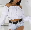 Kvinnors polos 2023 Fashion Womens Chiffon Long Puff Sleeve Off Shoulder Crop Tops Blusar Loose Casual Lady Sexy Corp Top