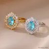 Anillos de banda Anillos de circón de cristal azul romántico para mujer Anillo de flores de acero inoxidable chapado en oro ajustable Regalos de joyería de boda de lujo R231130