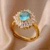 Anillos de banda Anillos de circón de cristal azul romántico para mujer Anillo de flores de acero inoxidable chapado en oro ajustable Regalos de joyería de boda de lujo R231130