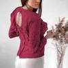 Women's Blouses Fashion Women O-Neck Shirts Slim-Fit Lace Open-Back Cut-Out Sexy Pullover Office Long-Sleeved Tops Soild Ladies Shirt