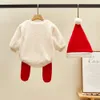 Rompers född Baby Boy Girl Christmas Romper med Santa Hat Pantyhose Cartoon Deer Fleece Jumpsuit Spädbarn Småbarn Kids Year Wear 231129