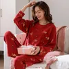 Women's Sleepwear Spring Autumn Women's Sleep Lounge Pajamas Long Sleeved Animal Print Pajama Sets Pyjamas Red Cotton M-3XL Home Fashion