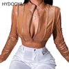 Womens Leather Faux Moto Biker Style Brown Pu Crop Jackets för kvinnor Bright Line Decoretetion Bandage Fashion Zipper Slim Outwears 231129