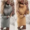 Basic Casual Dresses Women Knitted Autumn Long Sle Jumper Short Mini Dress Ladies Knitwear Winter Solid Turtleneck DressesL231130