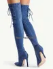 Laarzen est Sexy Vrouwen Puntschoen Over de knie Naaldhak Denim Gladiator Side Lace up Slanke Stijl Lange Hoge Hakken 231130