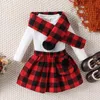 Clothing Sets Suefunskry Kids Girls Fall Outfits Solid Color Ribbed O-Neck Long Sleeve T-Shirt Tops Plaid Skirt Scarf 3Pcs Set for Christmas 231129