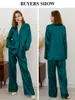 Kvinnors tvåbitar byxor Claceive Fashion Long Sleeve Blazer Two Piece Set Women Outifits Casual Loose Office Pants Set Elegant Green Satin Trouser Suits 231130