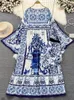 カジュアルドレス秋のホリデーブルーと白の磁器2ピーススーツドレス女性のフレアスリーブスプリットルーズマキシローブストレッチペンシルパンツ