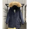 Doudoune Designer-Damen-Daunenjacke, kanadische Modemarke, Gans, langer Mantel, große Tasche, Pelzkragen, Thermo-Oberteil, weiblich, Herbst und Winter, groß