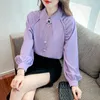 Chemisiers pour femmes tempérament col pointu à manches longues en mousseline de soie chemise boutonnée femmes printemps automne perlé hauts de mode coréen mignon violet rose