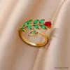 Bandringar Stainelss Steel Zircon Leaves Rings for Women Green Rose Ring Open Gold Plated Wedding Rings Eesthetic Trendy Jewelry Gift 2023 R231130