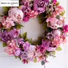 Decorative Flowers Wreaths Easter Wreath Light purple Flower Natural Rattan Garland Retro Door Wall Decoration Peony Artificial Wreath Wedding Decor 231129