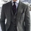 Męskie garnitury Blazers Grey Wool Tweed Winter Men Suit na wesele Formal Groom Tuxedo Herringbone Fashion 3 -Piece (kurtka +kamizelka +spodni +krawat) L231130
