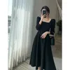 Casual Dresses Elegant Long Skirt French Knee-length Urban Women's Square Collar Solid Color Ruffled Red Dress Party Banquet Formal Wear